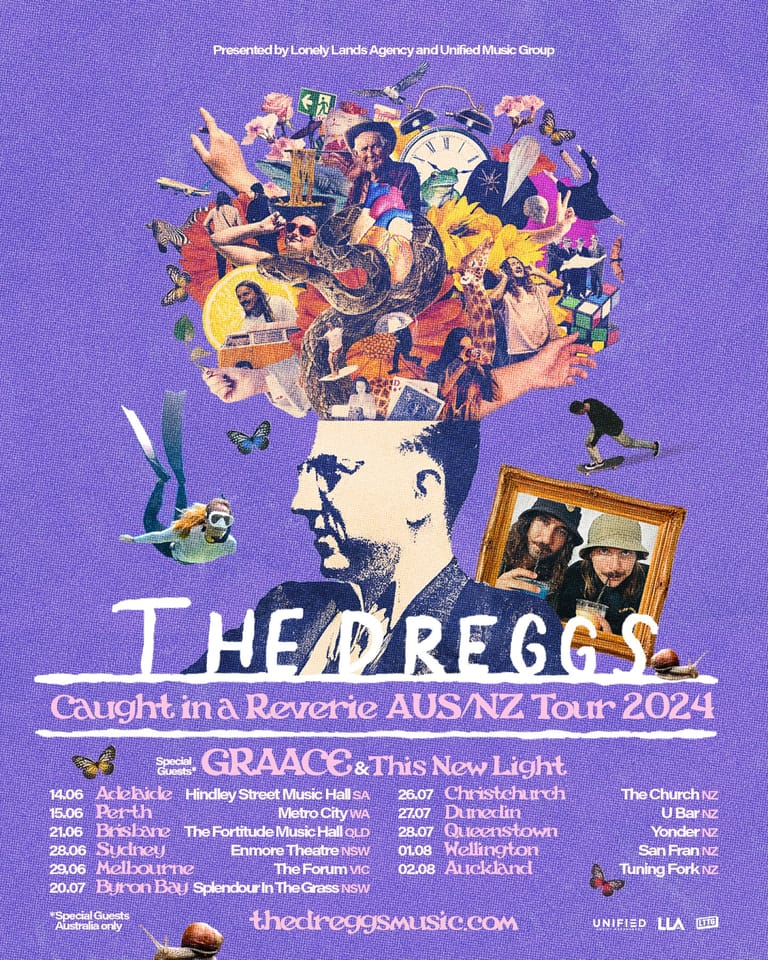 Colourful poster for The Eggs' "Caught in a Reverie" Australian and New Zealand tour 2024, featuring an illustrated head overflowing with musicians and performers against a purple background.