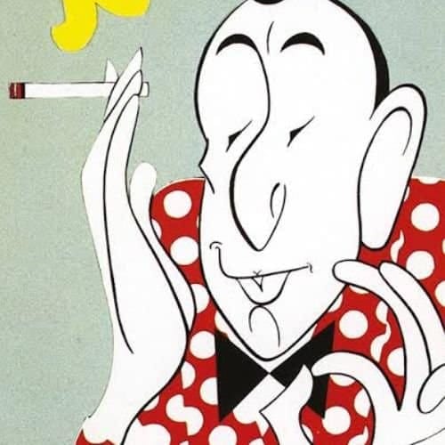 Cartoon character in red polka-dot shirt smoking a cigarette with a blissful expression.