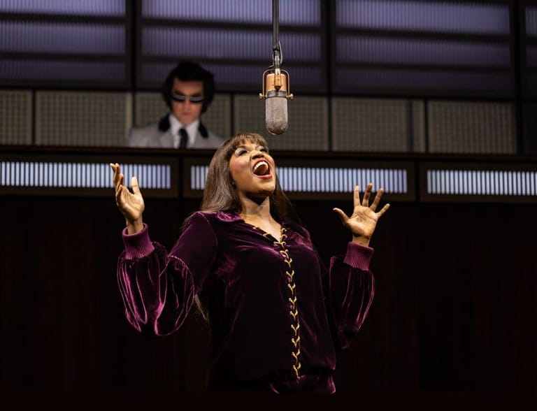 Singer in deep purple velvet jacket performs at microphone with hands raised expressively on stage.