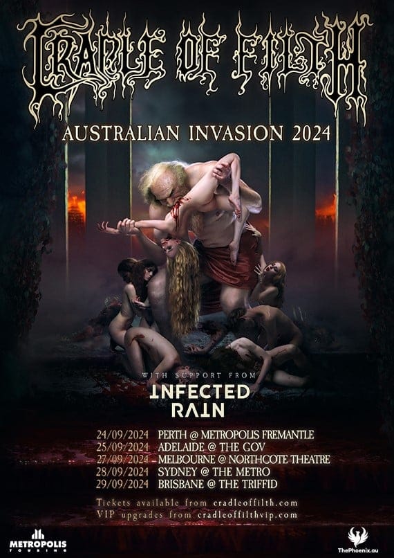 Cradle of Filth Australian Invasion 2024 tour poster featuring gothic imagery and tour dates across major Australian cities.