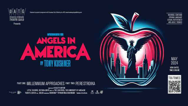 Neon pink and blue graphic of an apple with a silhouetted figure inside, promoting Angels in America theatre production.