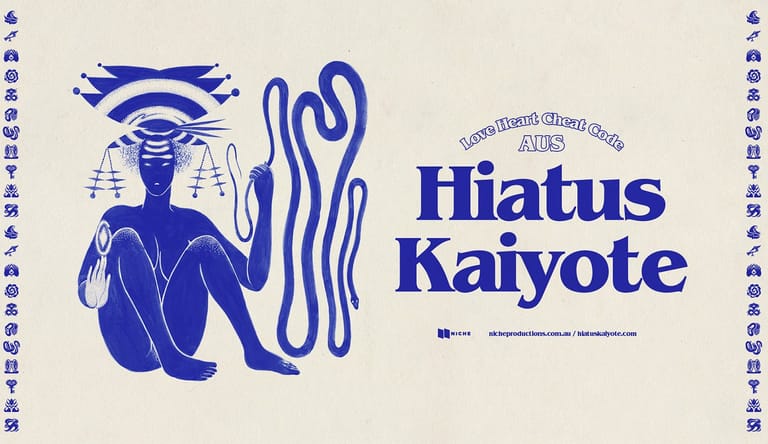 Blue illustration of a crouching figure with flowing lines and geometric patterns alongside "Hiatus Kaiyote" text.