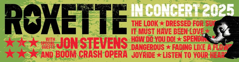 Concert promotional banner featuring band name, star rating, and tour dates in bold typography against a green background.