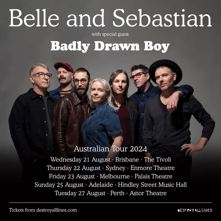 Seven band members pose together against a grey background for Belle and Sebastian's Australian tour promotional poster.
