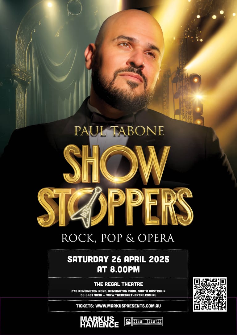 Man with beard in black shirt against gold-lit theatrical backdrop promoting Paul Tabone's Show Stoppers performance.