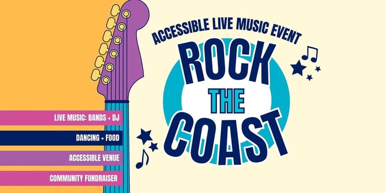 Colourful promotional poster for "Rock the Coast" accessible live music event featuring a purple guitar graphic and event details.