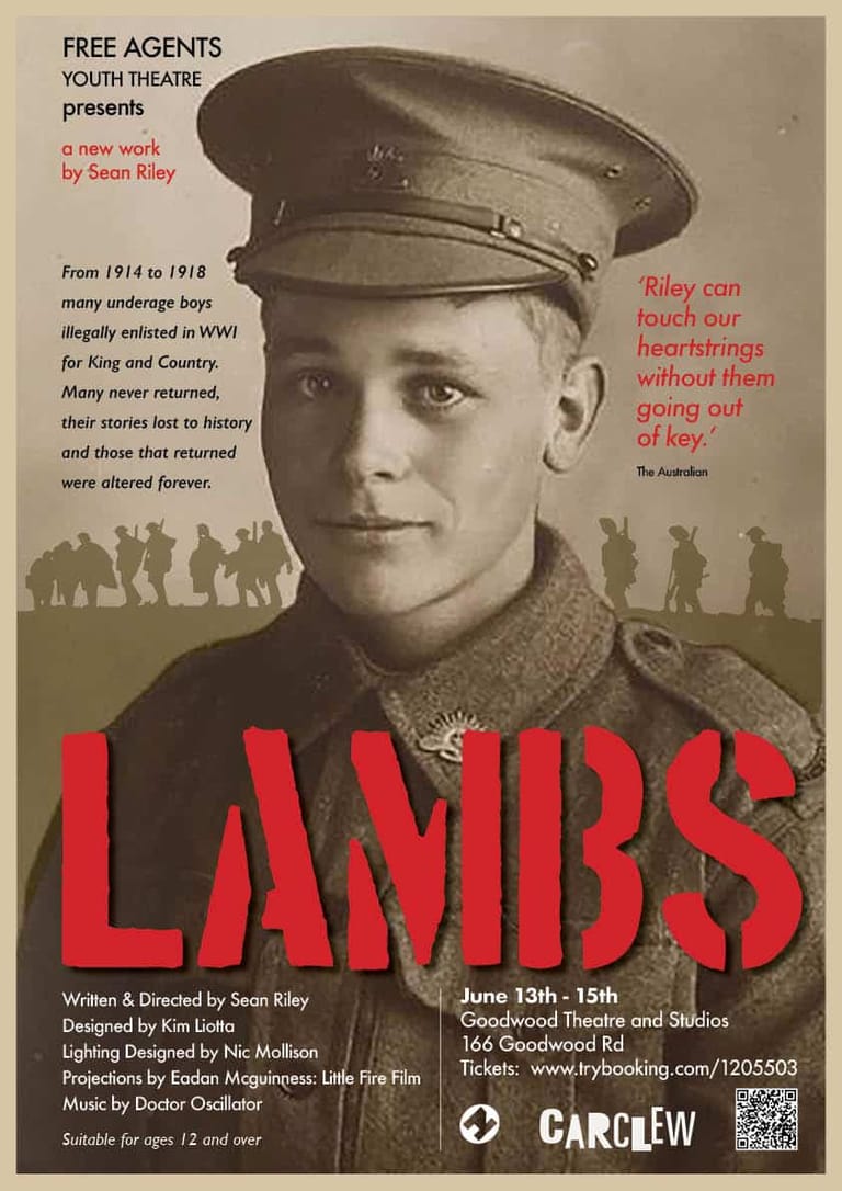 Young soldier in military uniform and cap against silhouetted figures, theatrical poster for "Lambs" by Free Agents Youth Theatre.