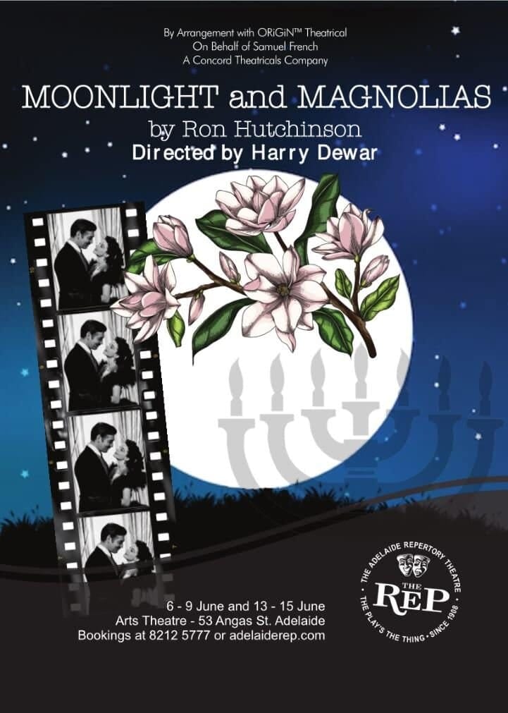 Theatre poster for "Moonlight and Magnolias" featuring a large moon, pink magnolia flowers, and vintage film strip imagery against a night sky.