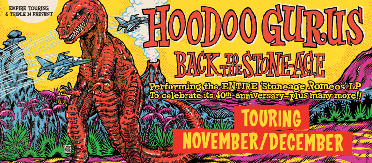 Hoodoo Gurus band poster featuring red-suited figure against colourful psychedelic artwork advertising their Back to Stone Age tour.