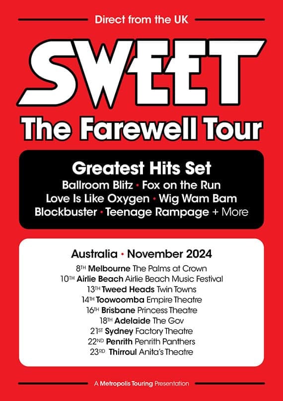 Sweet band promotional poster for their farewell tour featuring Greatest Hits set across Australian venues in November 2024.
