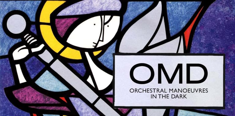 Colourful abstract geometric artwork featuring stylised figures and "OMD Orchestral Manoeuvres In The Dark" text on blue background.