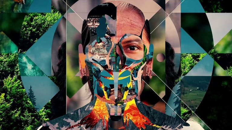 Double-exposed portrait of a person's face merged with landscape imagery, fire, and geometric patterns overlaid on green foliage background.