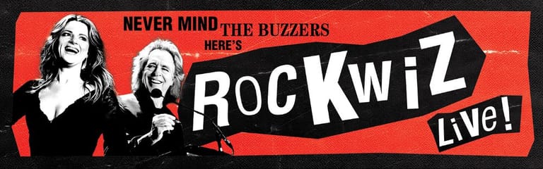 Two performers in black and white against a bright red banner advertising Rockwiz Live.