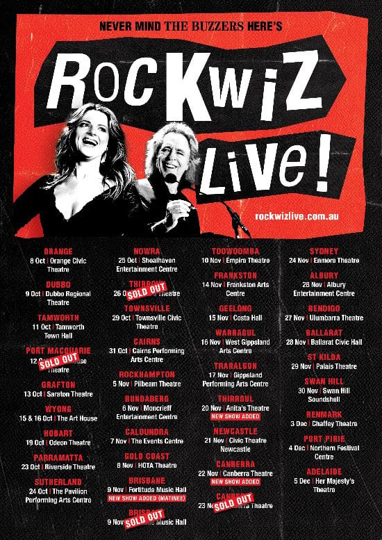 Two smiling performers against a bright red background promoting RockWiz Live! tour dates across Australian venues.