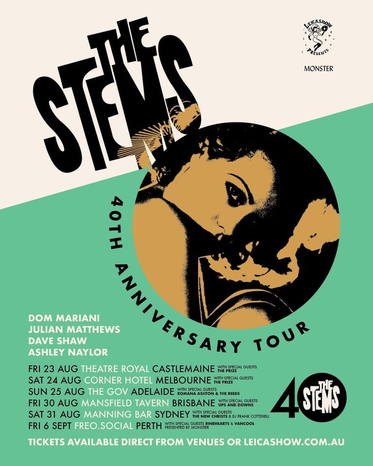 The Steles band poster for their 40th anniversary tour features bold black typography and a stylised portrait illustration in gold and black tones.