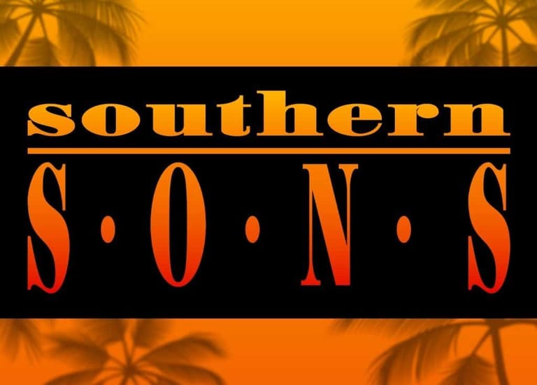 Southern Sons logo in gold lettering against black band with palm tree silhouettes on orange background.