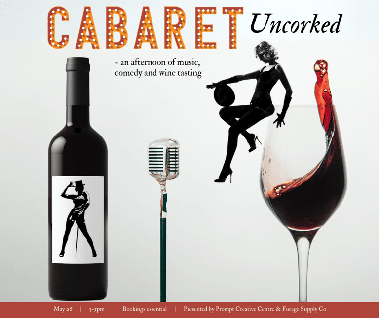 Cabaret Uncorked promotional graphic featuring wine bottle, vintage microphone, silhouetted performer and wine glass against white background.