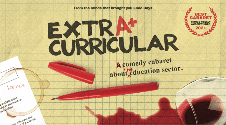 Comedy cabaret poster featuring red pen and shadow silhouettes on yellow graph paper grid background.