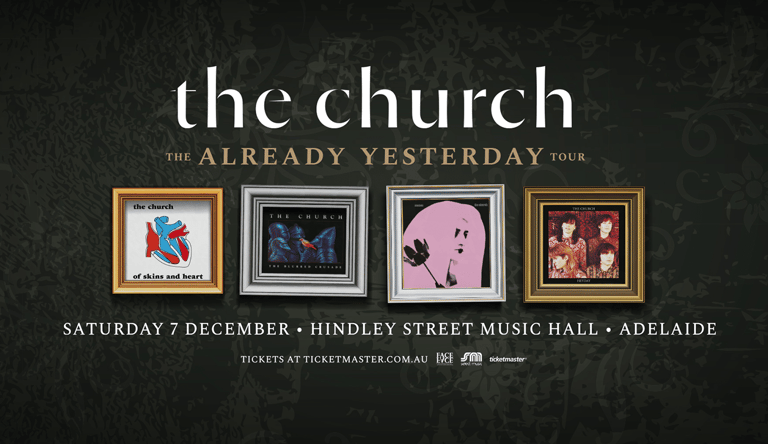 The Church tour poster displays four framed album artworks against a dark textured background with venue and date details.