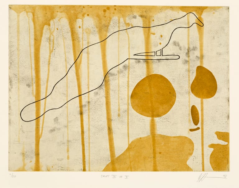 Abstract artwork featuring ochre-coloured circles and vertical drips with a delicate black line drawing on aged cream paper.