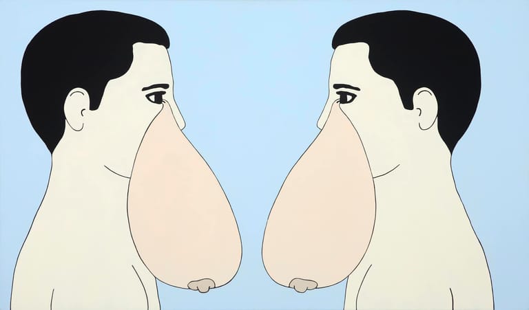 Two illustrated male figures facing each other with exaggerated nose proportions against a pale blue background.