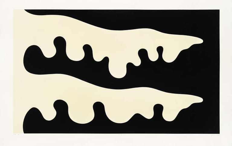 Two crocodiles with open jaws facing each other against a cream and black background.