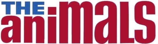 The Animals band logo in blue and burgundy lettering against white background.
