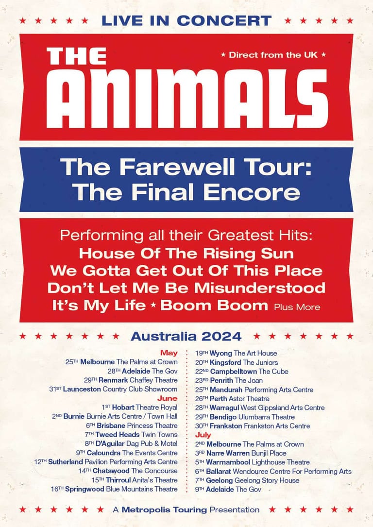 Concert poster for The Animals' Farewell Tour featuring bold red and blue graphics with tour dates across Australian venues.