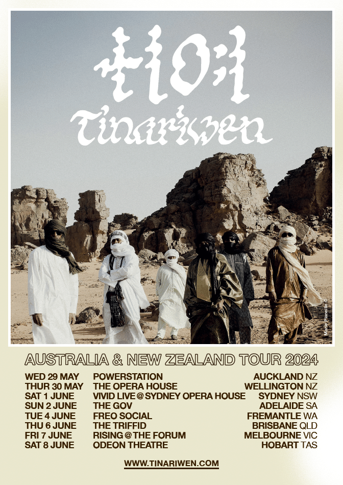 Band members in desert landscape with tour dates overlaid for 1991 Tinariwen's Australia and New Zealand 2024 tour.