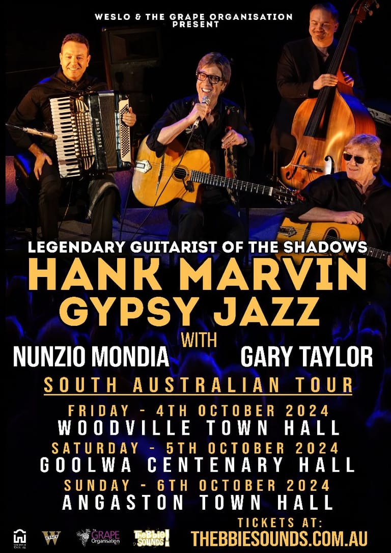 Four musicians perform gypsy jazz on stage, including accordion, guitar, and upright bass players illuminated by warm stage lighting.