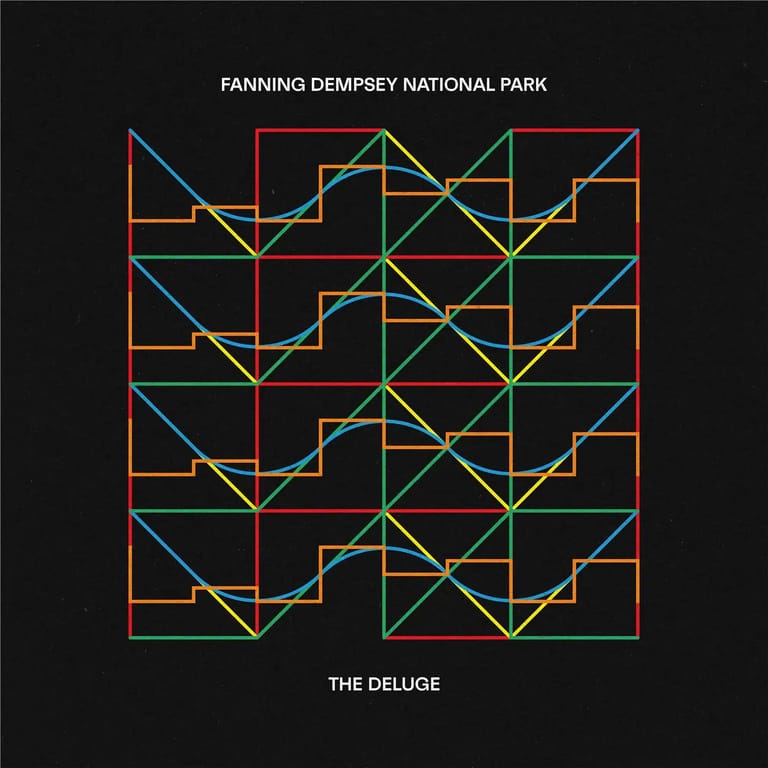 Geometric line drawing in red, yellow, and blue forming an abstract symmetrical pattern against a black background, titled "The Deluge" from Fanning Dempsey National Park.