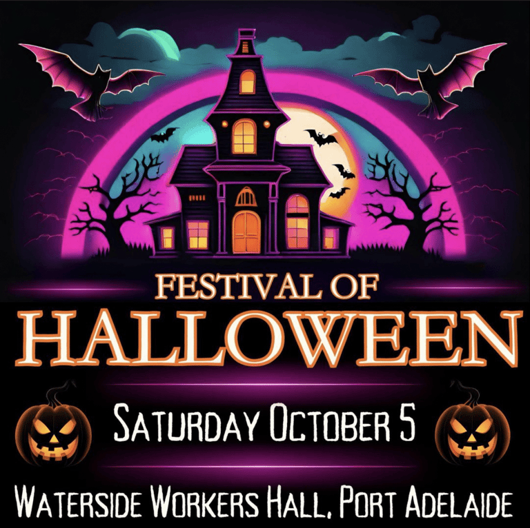 Neon-lit haunted house with bats and gnarled trees advertising Festival of Halloween on Saturday October 5 at Waterside Workers Hall, Port Adelaide.