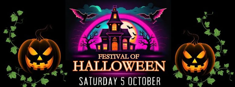 Haunted house silhouette glowing pink against full moon, flanked by jack-o'-lanterns and autumn leaves.