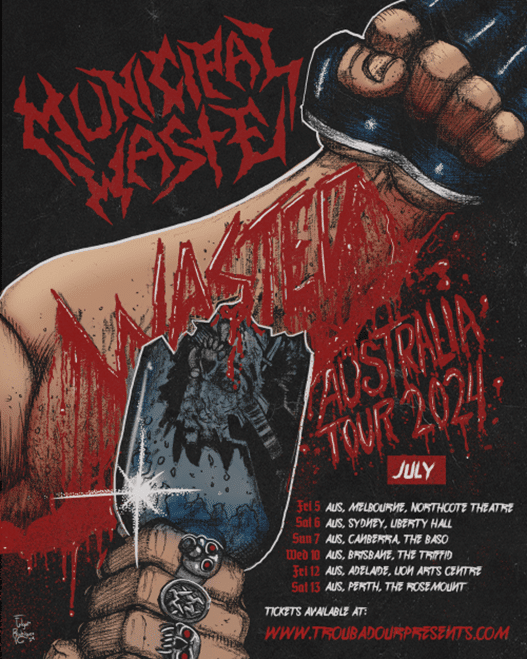 Poster for Municipal Waste Australian tour featuring a clenched fist holding a bottle with red and black graphic imagery.