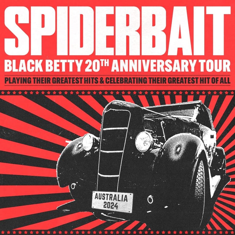 Vintage black car with "Spiderbait Black Betty 20th Anniversary Tour" text on red and black radiating background.
