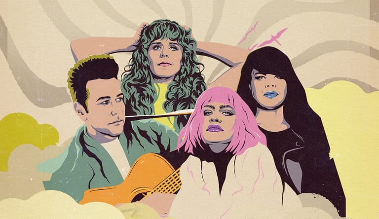 Four band members posed against a swirling psychedelic background in soft yellows and greys, one holding an acoustic guitar.