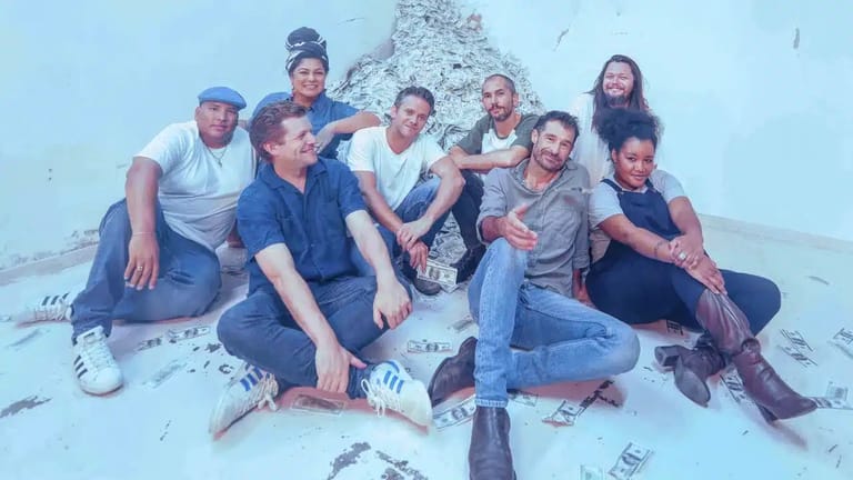 Nine performers in casual clothing sit clustered together on a snowy white surface against a light blue backdrop.