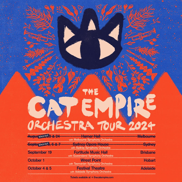 Stylised cat face logo in black and white against bright blue and orange background with "The Cat Empire Orchestra Tour 2024" text and tour dates listed.