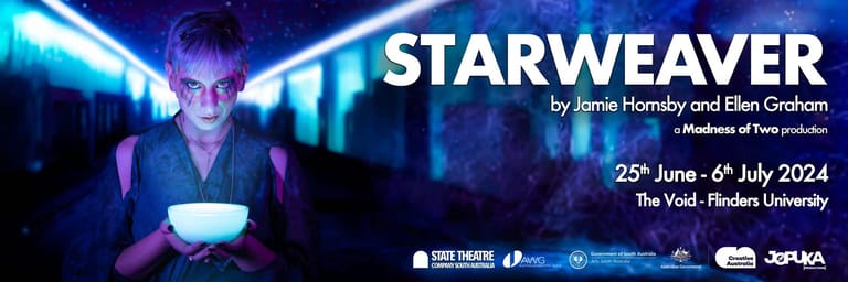 Man holding glowing cube in futuristic neon-lit environment for Starweaver theatre production.