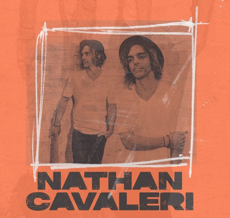 Shirtless man with shoulder-length hair in a translucent frame against orange background, with "Nathan Cavalieri" text below.