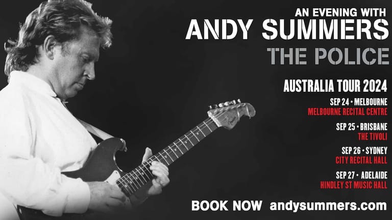 Guitarist in white shirt playing electric guitar in profile against dark background, with tour dates and booking information overlaid.