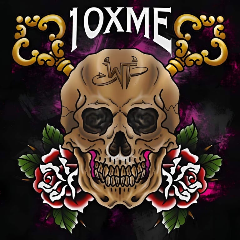 Ornate skull with red and white roses and golden decorative scrolls against purple smoke background.