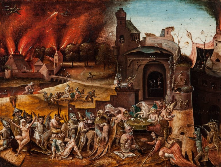 Chaotic medieval scene depicting crowded figures amid burning buildings and destruction in a sprawling landscape painting.