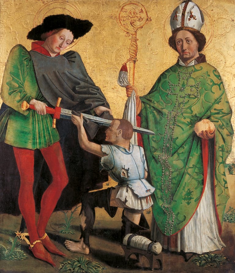 Medieval religious artwork depicting two figures in ornate robes flanking a kneeling child in white garments.