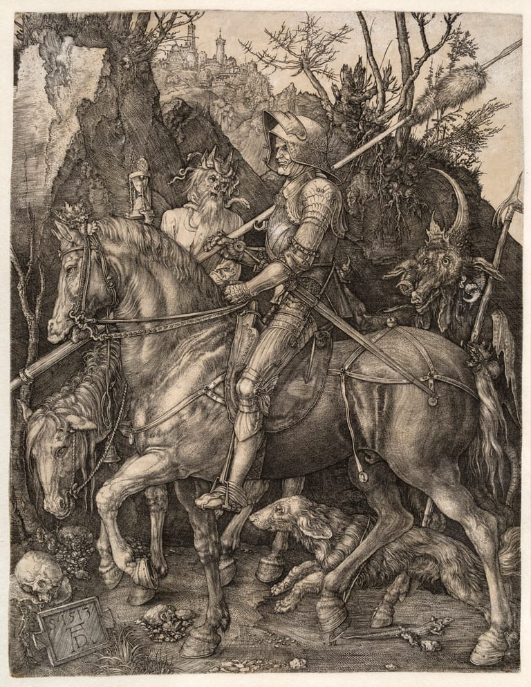 Detailed engraving depicting armoured knights on horseback in a wooded landscape, with fallen figures and ornate period military regalia.