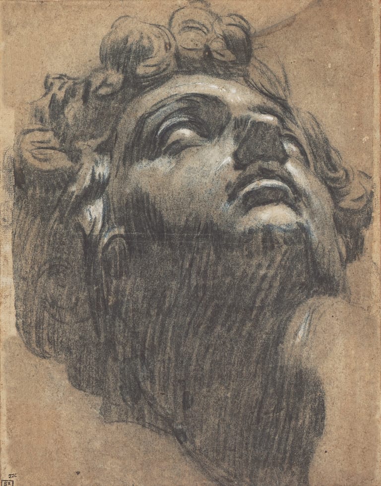Classical male head study in charcoal, gazing upward with curled hair and full beard rendered in flowing linework.