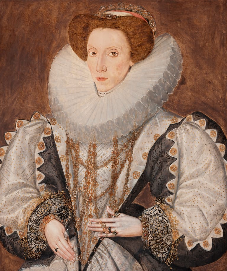 Portrait of a woman in Elizabethan dress with white ruff collar and ornate jewelled sleeves against warm brown background.