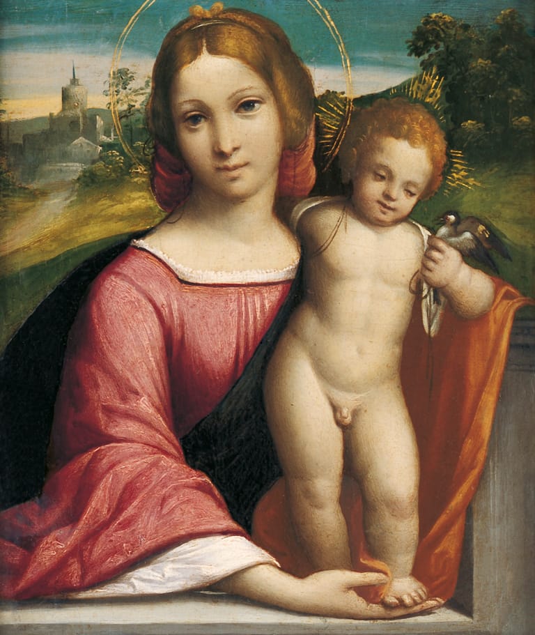 Woman in pink robes holding a winged cherub child against a Renaissance landscape with castle and halo.