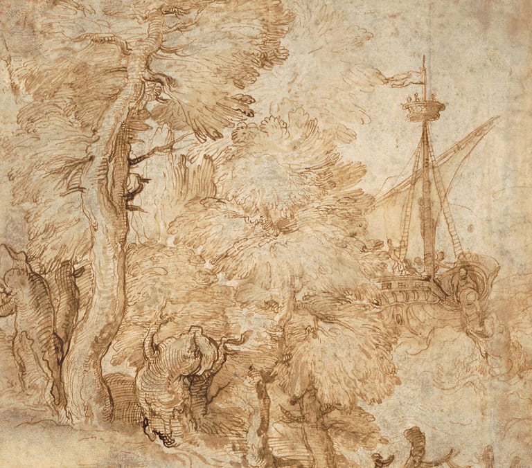 Historical ink sketch depicting a coastal scene with gnarled trees, figures, and a sailing vessel in sepia tones.