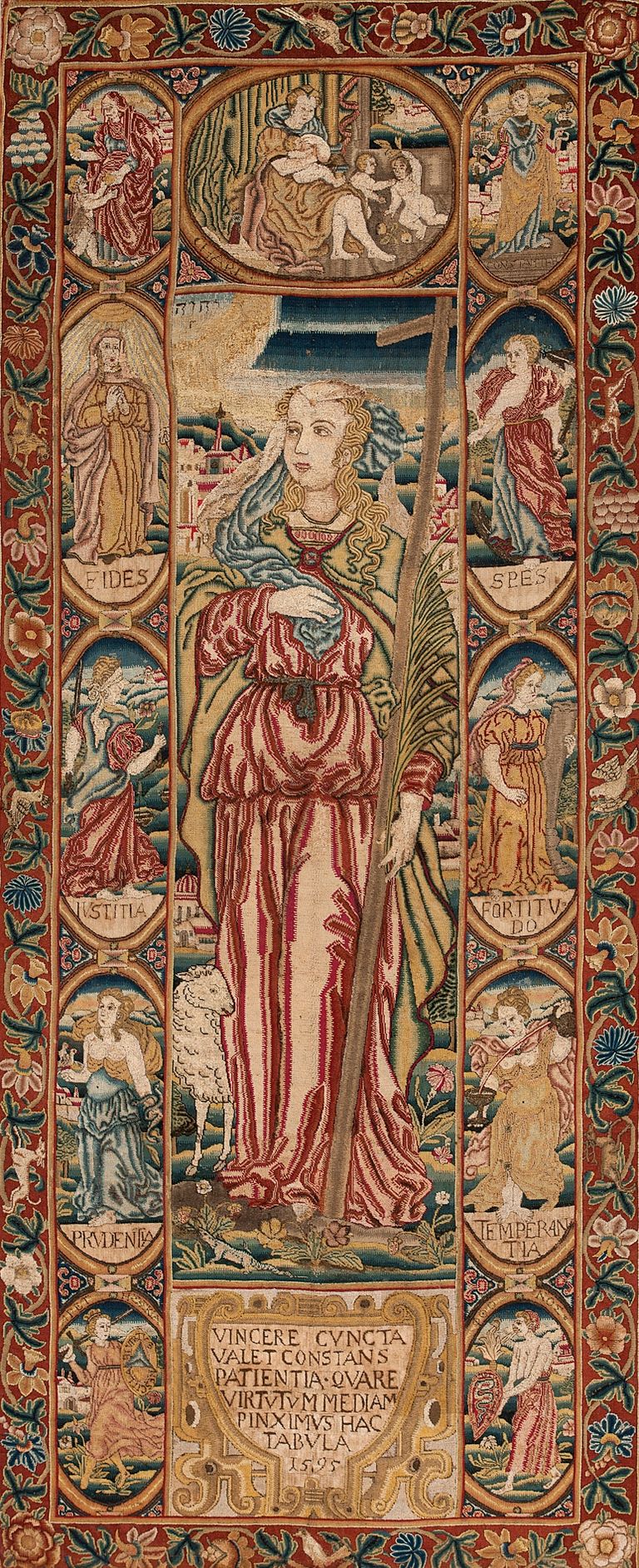 Medieval manuscript page with central female figure in red robes surrounded by ornate decorative border panels and Latin text.
